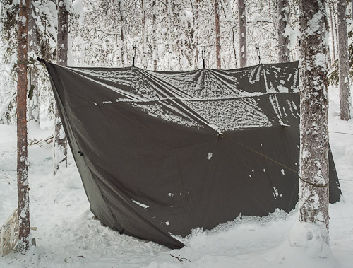 Andy's Winter Tarp set up. - Ice Raven - Sub Zero Adventure - Copyright Gary Waidson, All rights reserved.