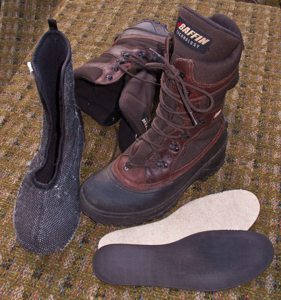 Pac Boots with poor quality sythetic liners. - Ice Raven - Sub Zero Adventure - Copyright Gary Waidson, All rights reserved.